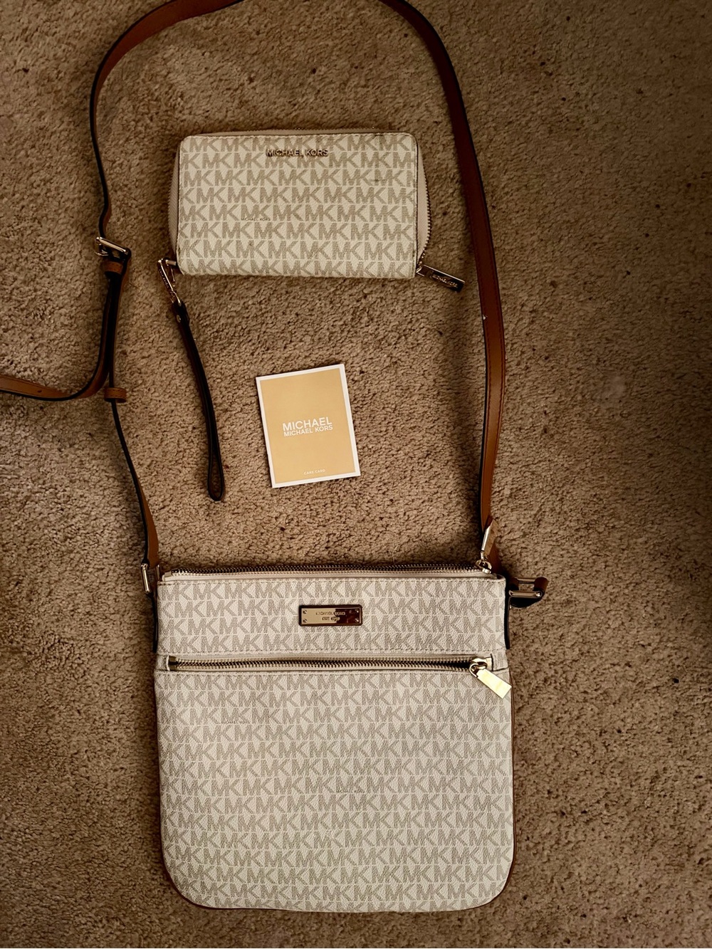 Michael Kors Cream Tan Beige MK Logo Crossbody Bag with Wallet